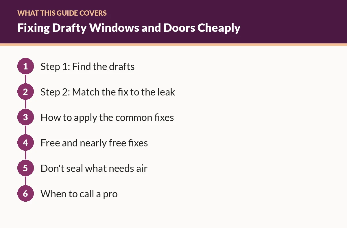 Diagram of the sections in this guide: Step 1: Find the drafts; Step 2: Match the fix to the leak; How to apply the common fixes; Free and nearly free fixes; Don't seal what needs air; When to call a pro